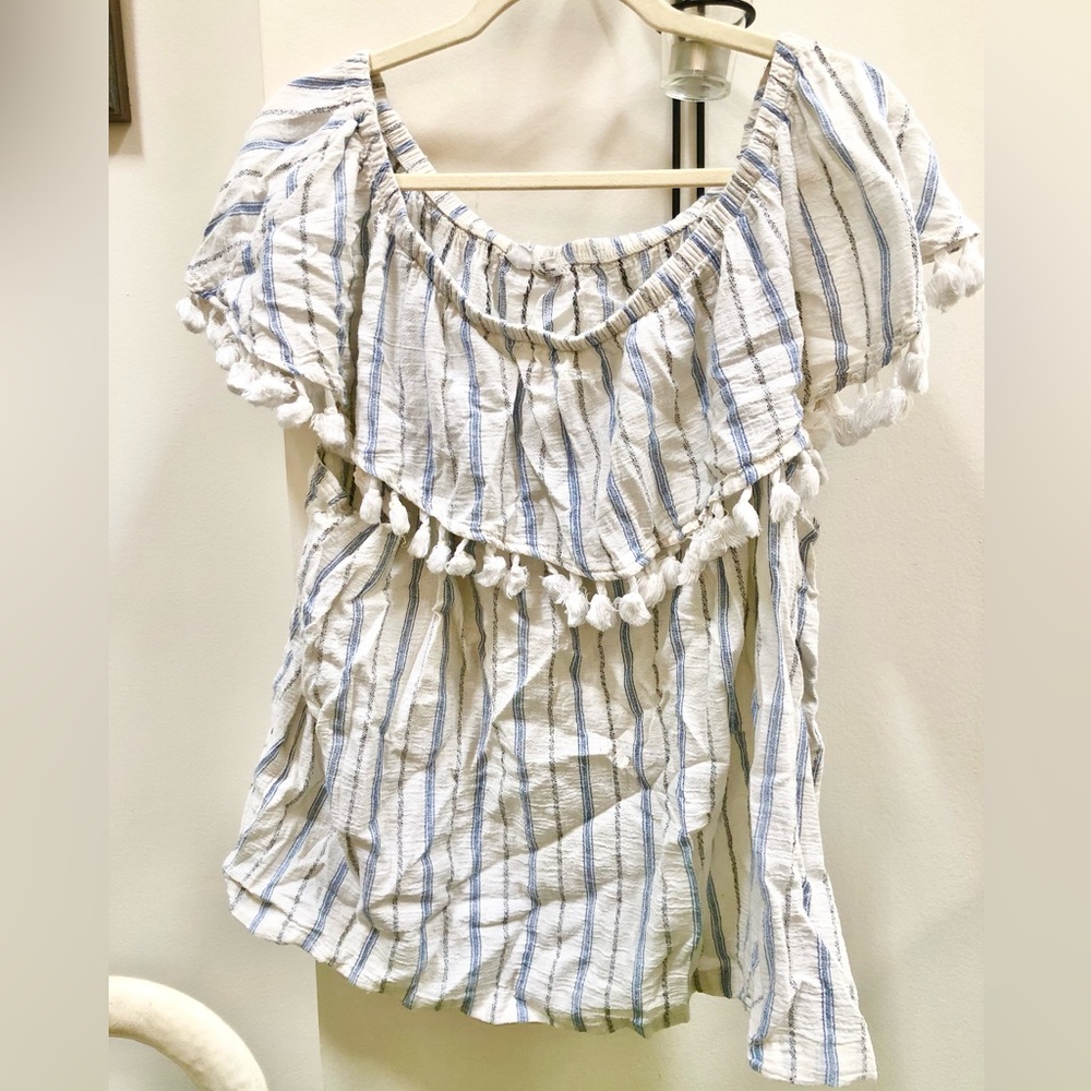 Striped Cotton Blend Blue and White Tasseled Women's Top